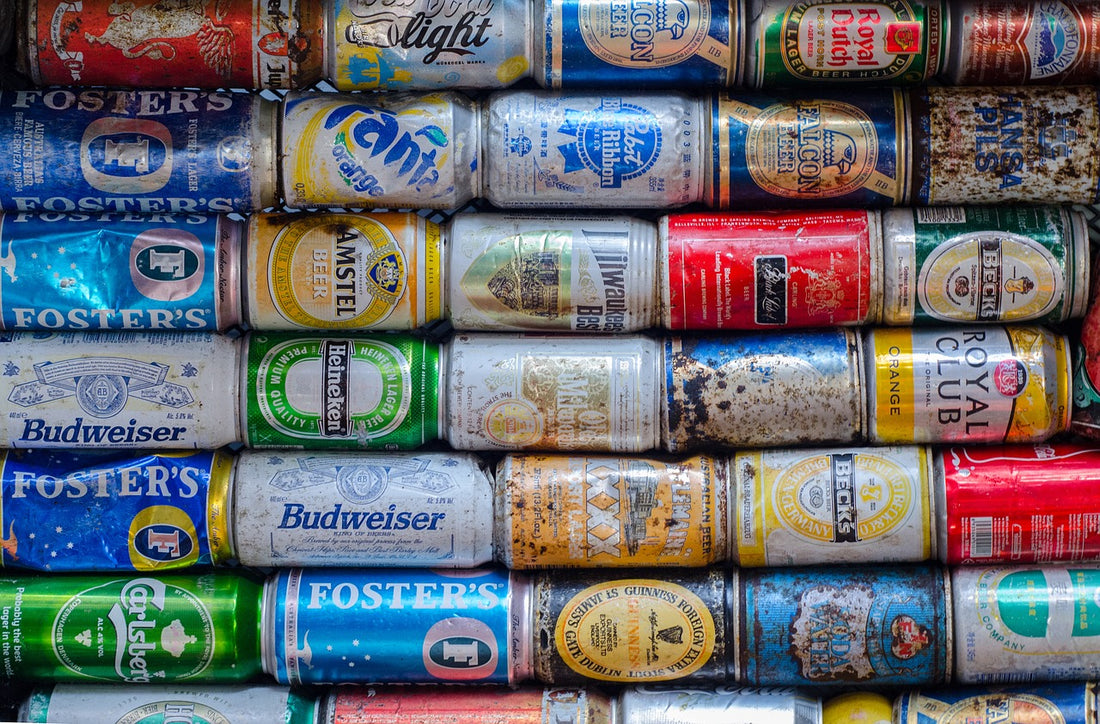 Aluminum beer cans stacked horizontally