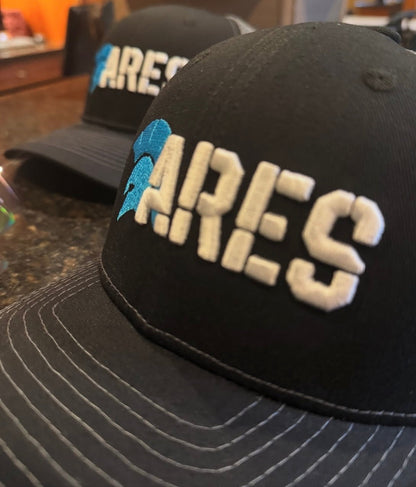 Two black caps with 'ARES' branding on a countertop